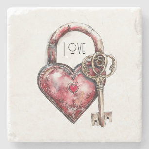 Red Heart Lock & Nyckel Kärlek Stenunderlägg
