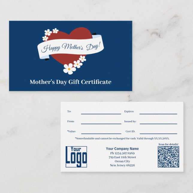 Red Heart Lycklig Mors dag Gift Certificate Lojalitetskort (Fram/baksida)