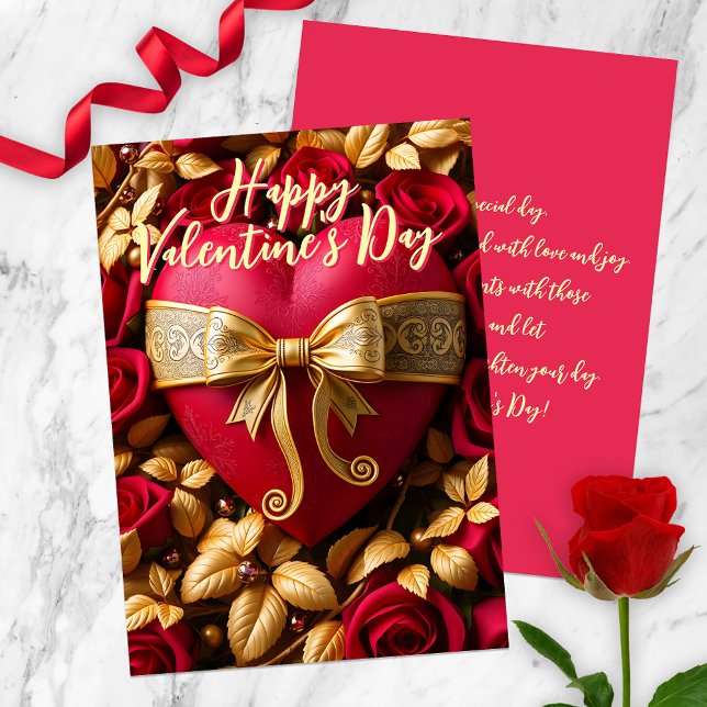 Red Heart med Golden Ribbon och Ro Valentine's Kort (Skapare uppladdad)