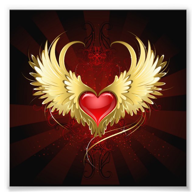 Red Heart med Golden Vingar Fototryck (Framsidan)