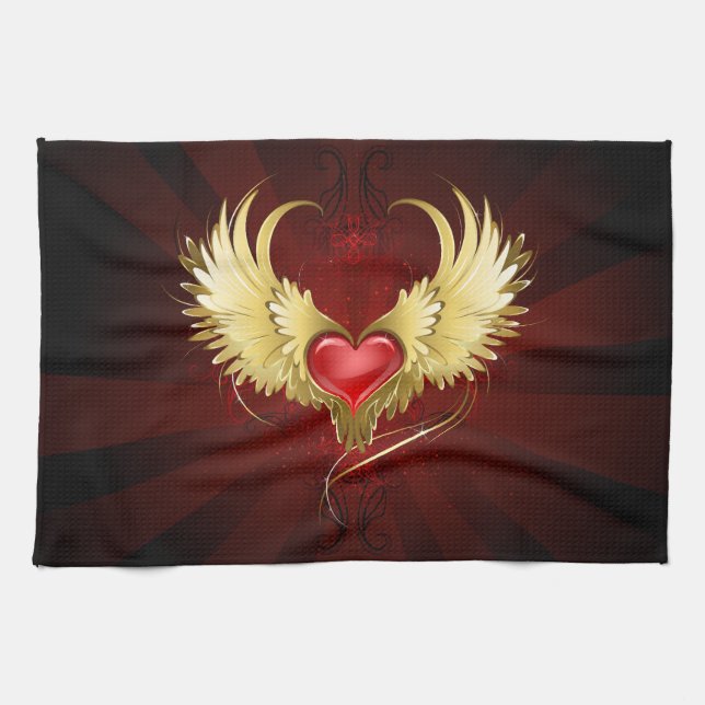 Red Heart med Golden Vingar Kökshandduk (Horisontell)
