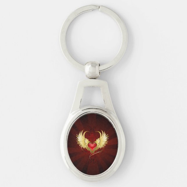 Red Heart med Golden Vingar Ovalt Silverfärgad Nyckelring (Framsidan)