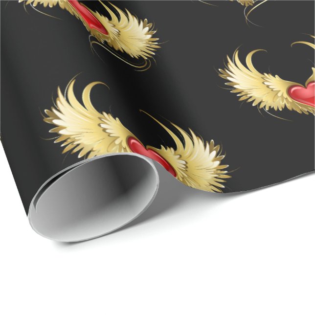 Red Heart med Golden Vingar Presentpapper (Rullad Hörn)