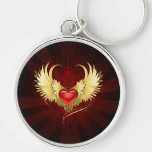 Red Heart med Golden Vingar Rund Silverfärgad Nyckelring