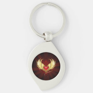 Red Heart med Golden Vingar Swirl Silverfärgad Nyckelring