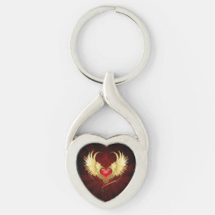 Red Heart med Golden Vingar Twisted Heart Silverfärgad Nyckelring