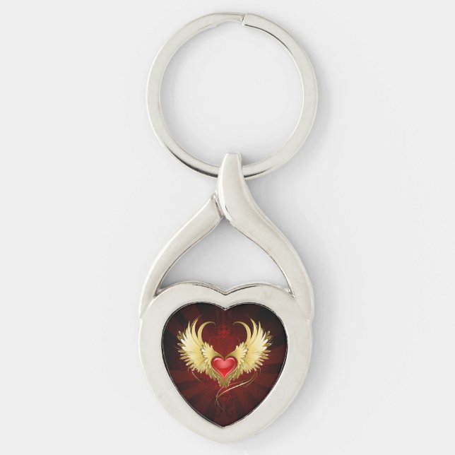 Red Heart med Golden Vingar Twisted Heart Silverfärgad Nyckelring (Framsidan)