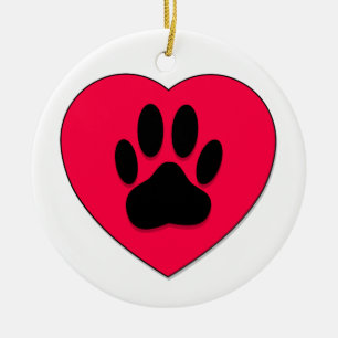 Red Heart med Hund Paw Print Julgransprydnad Keramik