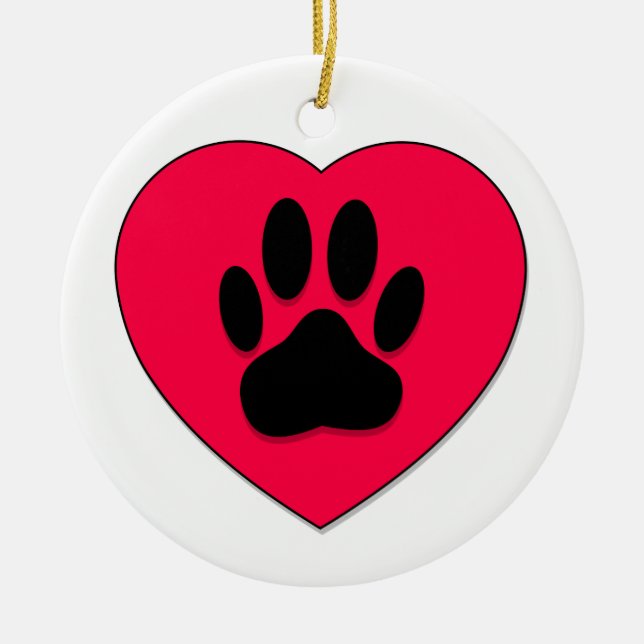 Red Heart med Hund Paw Print Julgransprydnad Keramik (Framsidan)