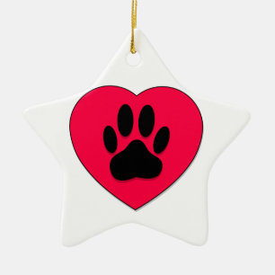 Red Heart med Hund Paw Print Julgransprydnad Keramik