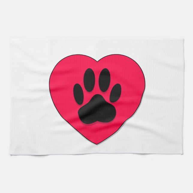 Red Heart med Hund Paw Print Kökshandduk (Horisontell)