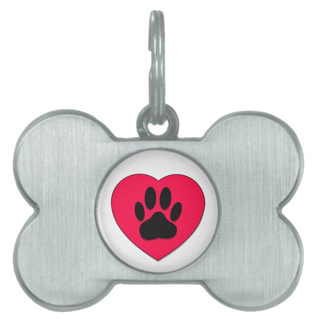 Red Heart med Hund Paw Print Namnbricka Husdjur (Framsidan)