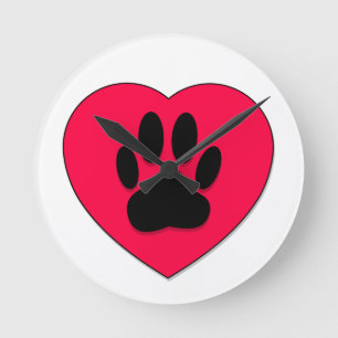 Red Heart med Hund Paw Print Rund Klocka