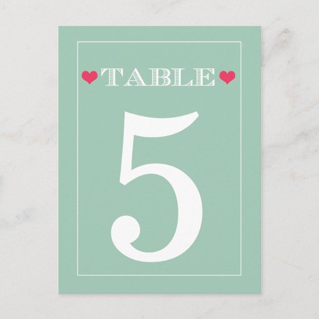 Red Heart Mint Grönt Bröllop Bordsnummer Cards (Framsida)