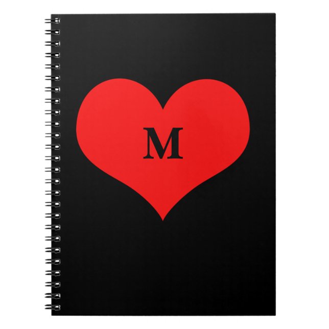 Red Heart Monogrammad Initial Namn Black Cute Anteckningsbok (Framsidan)