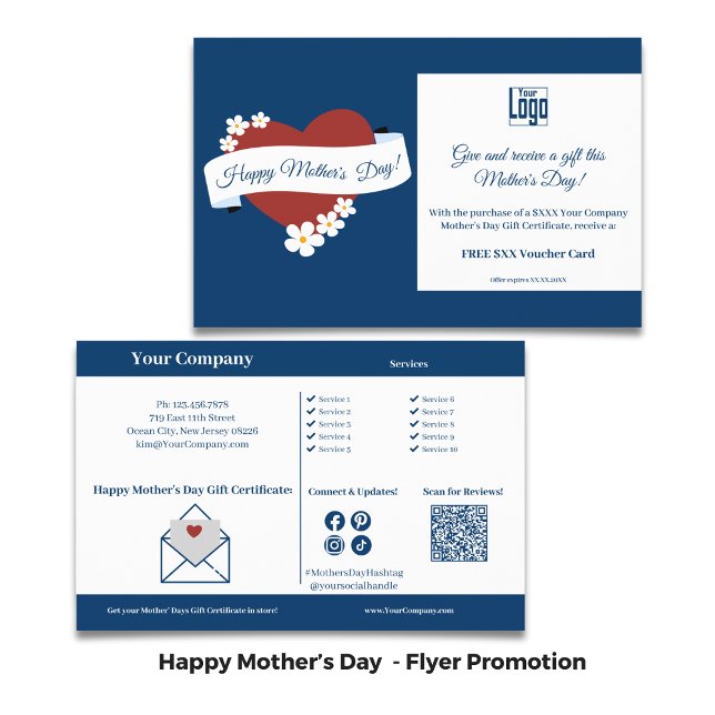 Red Heart Mors dag Promotion Blue White Flygblad (Red Heart Mother's Day Promotion Blue White Flyer _ Gift Certificate Flyer Promotion)
