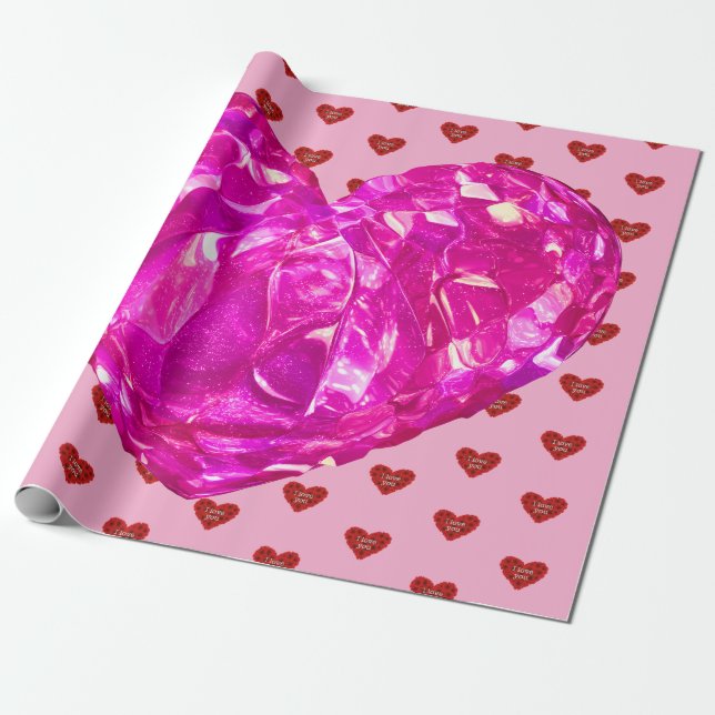 Red heart on pink background Wrapping Paper love Presentpapper (Utrullad)