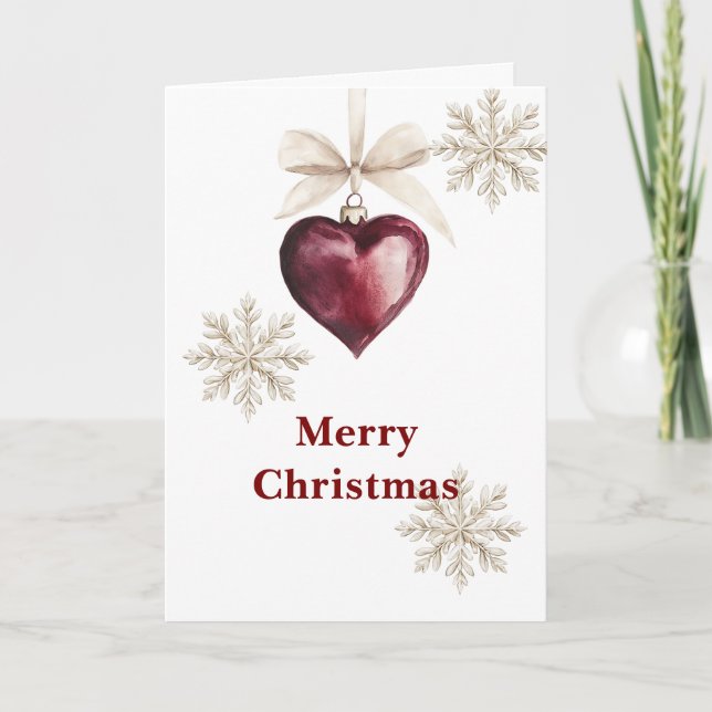 Red Heart Ornament Cream Bow Snowflakes Christmas Kort (Framsida)