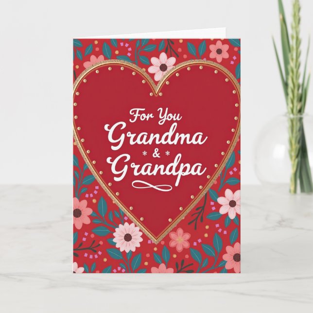 Red Heart Pattern Grandma Grandpa Card Kort (Framsida)
