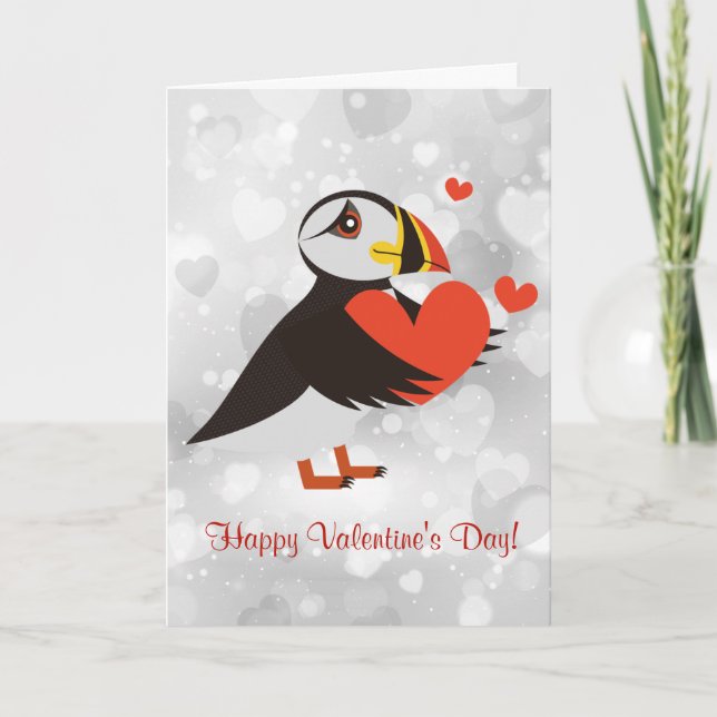 Red Heart Puffin Kärlek Design Valentine-kort Helgkort (Framsida)