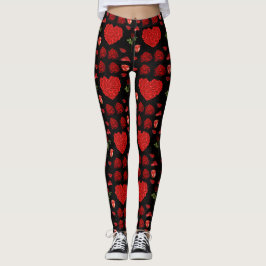 Red heart red flowers garden chic floral foliage leggings