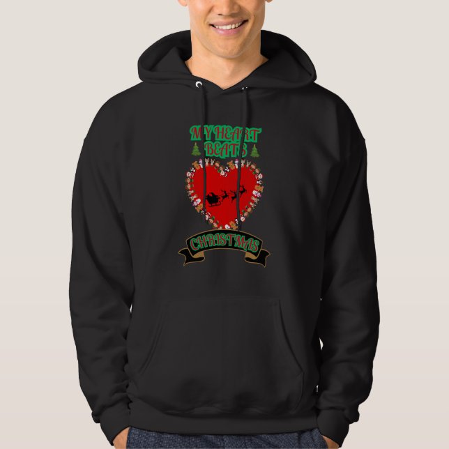 Red Heart Santa Sleigh Reindeer jul Helgdag Hoodie (Framsida)