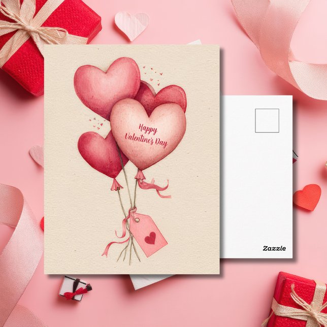 Red Heart Shaped Balloons Valentine`s Day Card  Vykort (Skapare uppladdad)