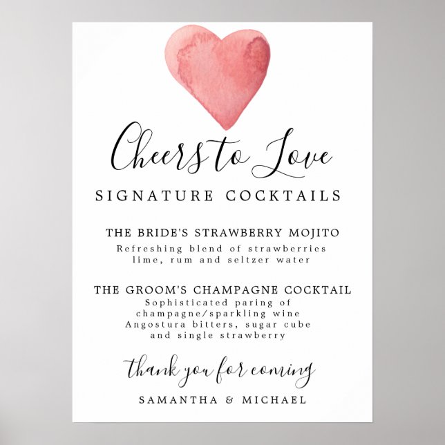 Red Heart Signature Cocktails Bröllopsbarskylt Poster (Framsidan)