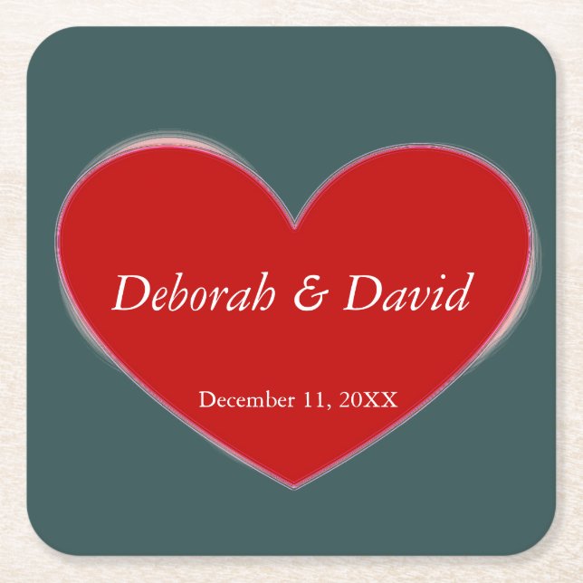 Red Heart Slate Grått Bröllop Underlägg Papper Kvadrat (Framsidan)