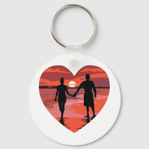 Red Heart Sunset Beach Holding Händer Nyckelring