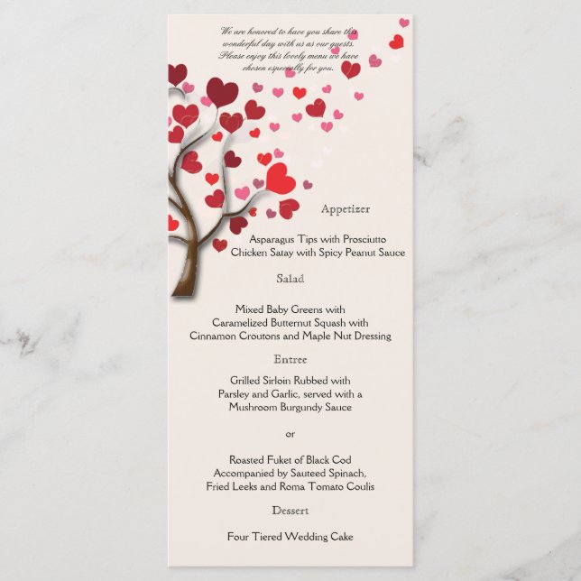 Red Heart Träd på Ivory Bröllop Menu Meny (Framsida)