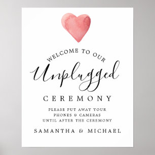 Red Heart Unplugged Bröllop Ceremony Sign Poster