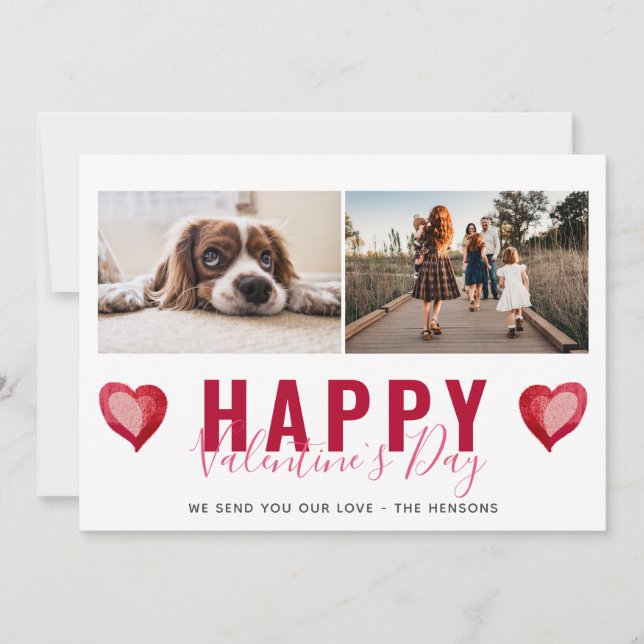Red Heart Valentine's Day Script Family Photo Holi Julkort (Framsida)