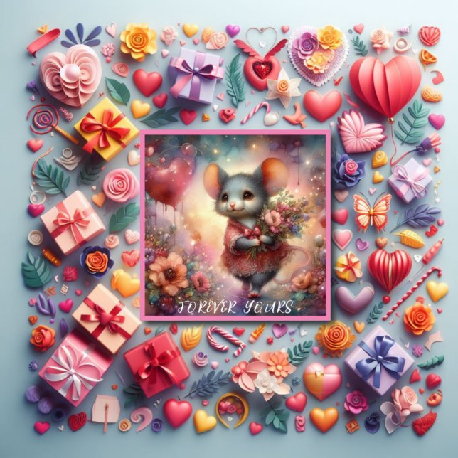 Red Heart Watercolor Valentine Mouse Christian Julkort (Skapare uppladdad)