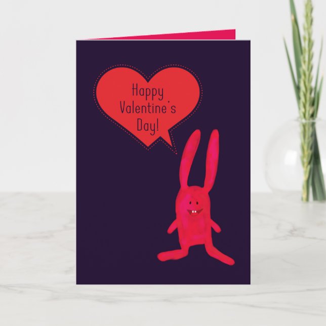Red Heart, Whimsical Rabbit Valentine Day Card Helgkort (Framsida)