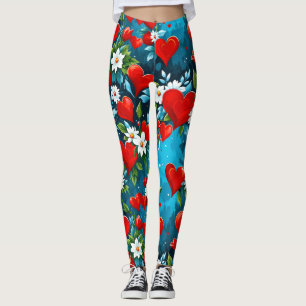 Red Hearts and White Flowers Turcoise Blue Leggings