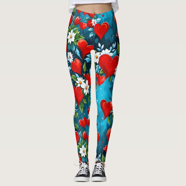 Red Hearts and White Flowers Turcoise Blue Leggings (Framsida)