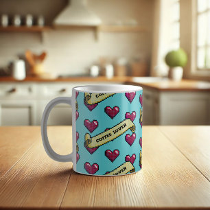 Red Hearts Coffee Älskare Retro Pixel Art Mönster Kaffemugg