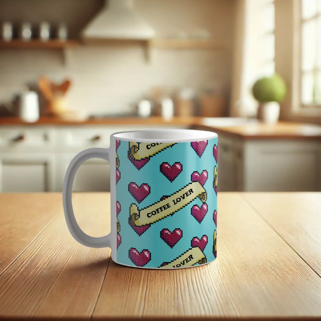 Red Hearts Coffee Älskare Retro Pixel Art Mönster Kaffemugg (Skapare uppladdad)