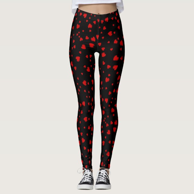 Red Hearts Flytande Mönster på Black Leggings (Framsida)