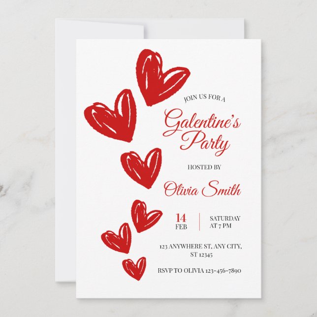 Red hearts galentines party invite , valentines  inbjudningar (Framsida)