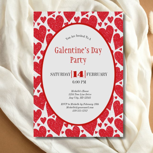 Red Hearts Glitter Gnistra Galentine's Day Party Inbjudningar (Red Hearts Glitter Sparkle Galentine's Day Valentines Day Party invitation)