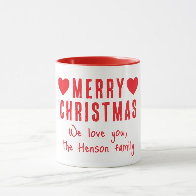 Red Hearts God jul Family Namn Gift Mugg (Center)