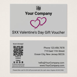 Red Hearts Grått Valentine Day Gift Voucher Card Visitkort