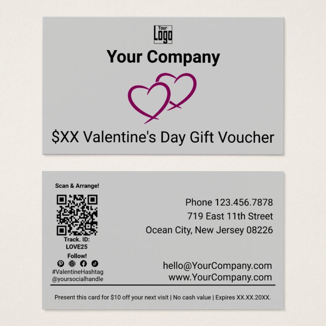 Red Hearts Grått Valentine Day Gift Voucher Card Visitkort (Framsida & baksida)