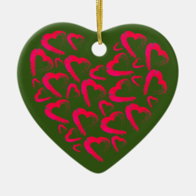 Red Hearts Grönt Ceramic Ornament (Framsidan)