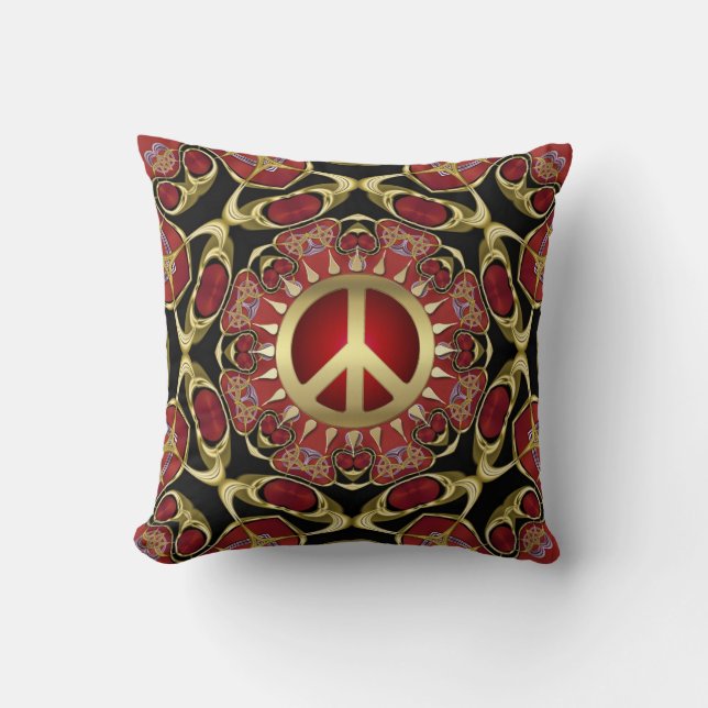 Red Hearts Guld Peace Power Kärlek Cushion Kudde (Framsida)