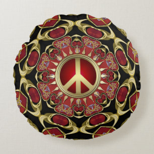 Red Hearts Guld Peace Power Kärlek Round Pillow Rund Kudde