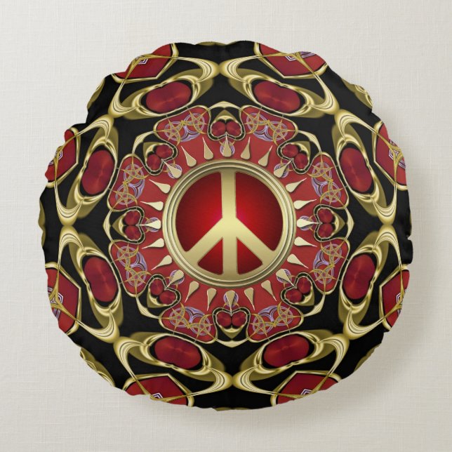 Red Hearts Guld Peace Power Kärlek Round Pillow Rund Kudde (Framsidan)