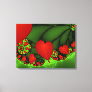 Red Hearts Lime Green Modern Abstrakt Fractal Art Canvastryck